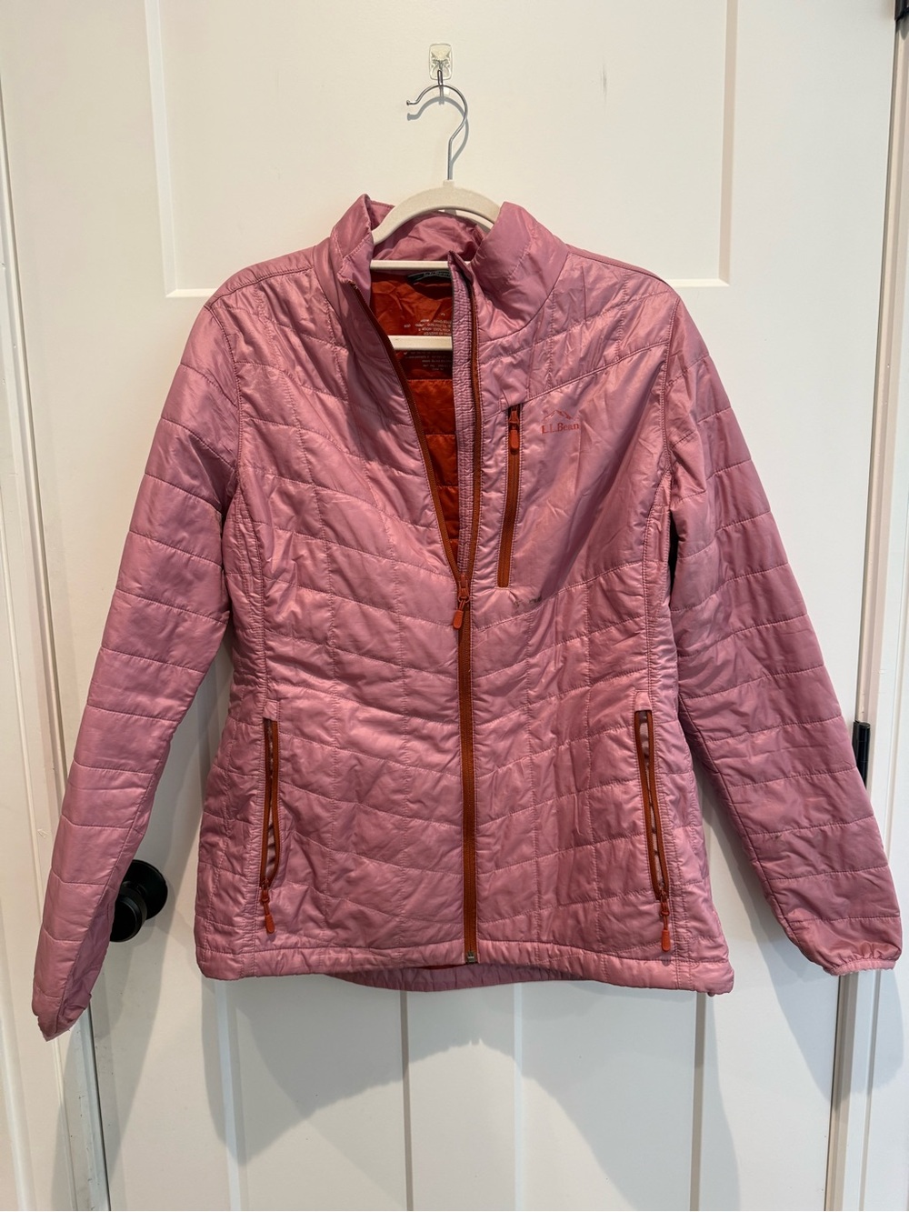 L.L. Bean Pink Quilted Puffer Jacket with Rust Accents